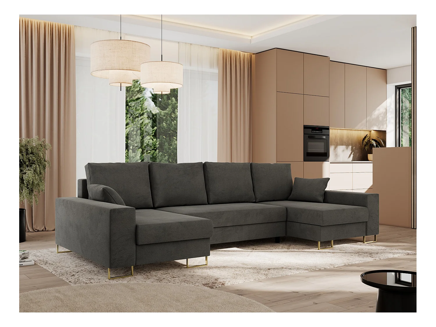 Ecksofa DORIAN U, Wohnlandschaft, Ecksofa mit Armlehnen, schlaffunktion und Bettkästen - Dunkelgrau Velvet