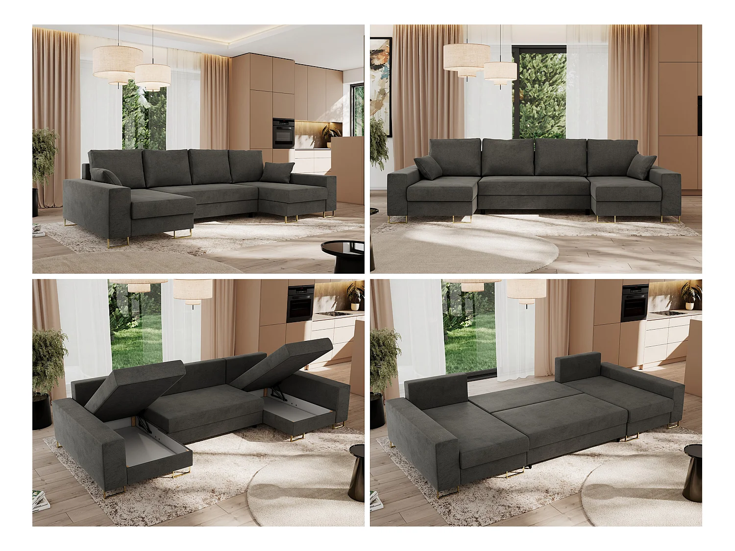 Ecksofa DORIAN U, Wohnlandschaft, Ecksofa mit Armlehnen, schlaffunktion und Bettkästen - Dunkelgrau Velvet