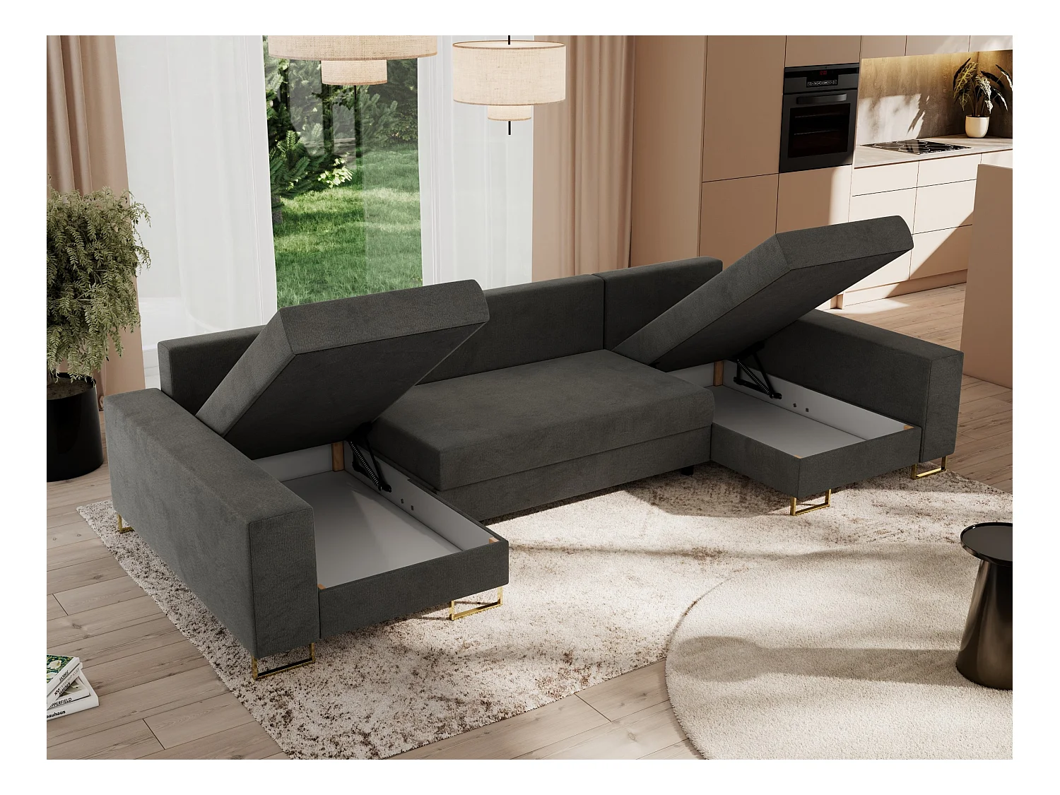 Ecksofa DORIAN U, Wohnlandschaft, Ecksofa mit Armlehnen, schlaffunktion und Bettkästen - Dunkelgrau Velvet