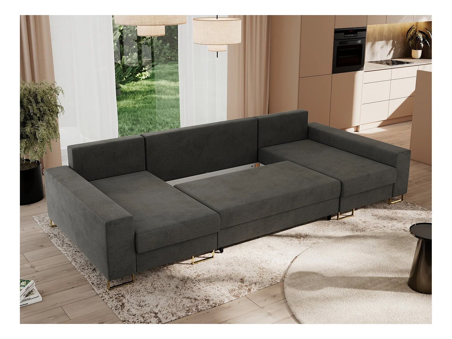 Ecksofa DORIAN U, Wohnlandschaft, Ecksofa mit Armlehnen, schlaffunktion und Bettkästen - Dunkelgrau Velvet