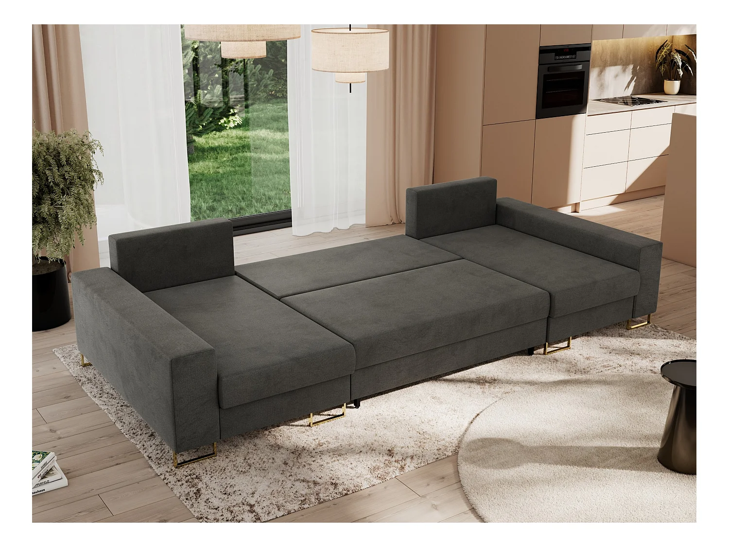 Ecksofa DORIAN U, Wohnlandschaft, Ecksofa mit Armlehnen, schlaffunktion und Bettkästen - Dunkelgrau Velvet