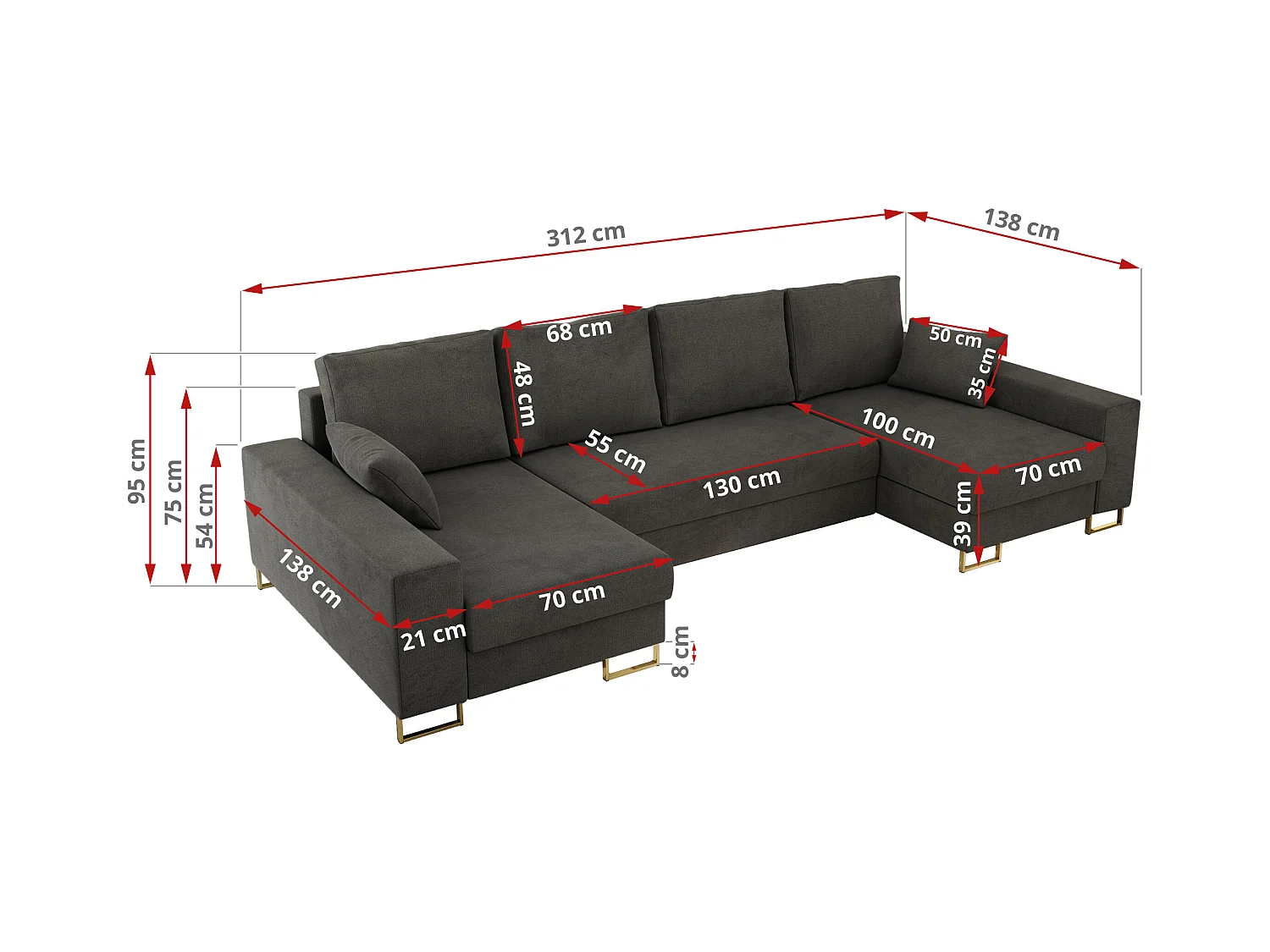 Ecksofa DORIAN U, Wohnlandschaft, Ecksofa mit Armlehnen, schlaffunktion und Bettkästen - Dunkelgrau Velvet