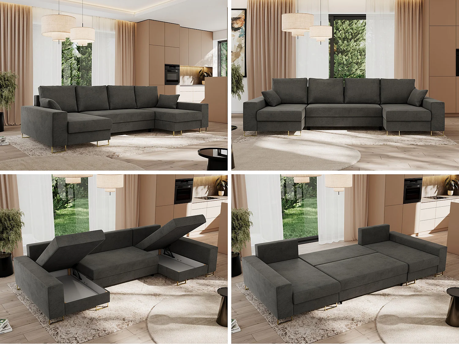 Ecksofa DORIAN U, Wohnlandschaft, Ecksofa mit Armlehnen, schlaffunktion und Bettkästen - Dunkelgrau Velvet