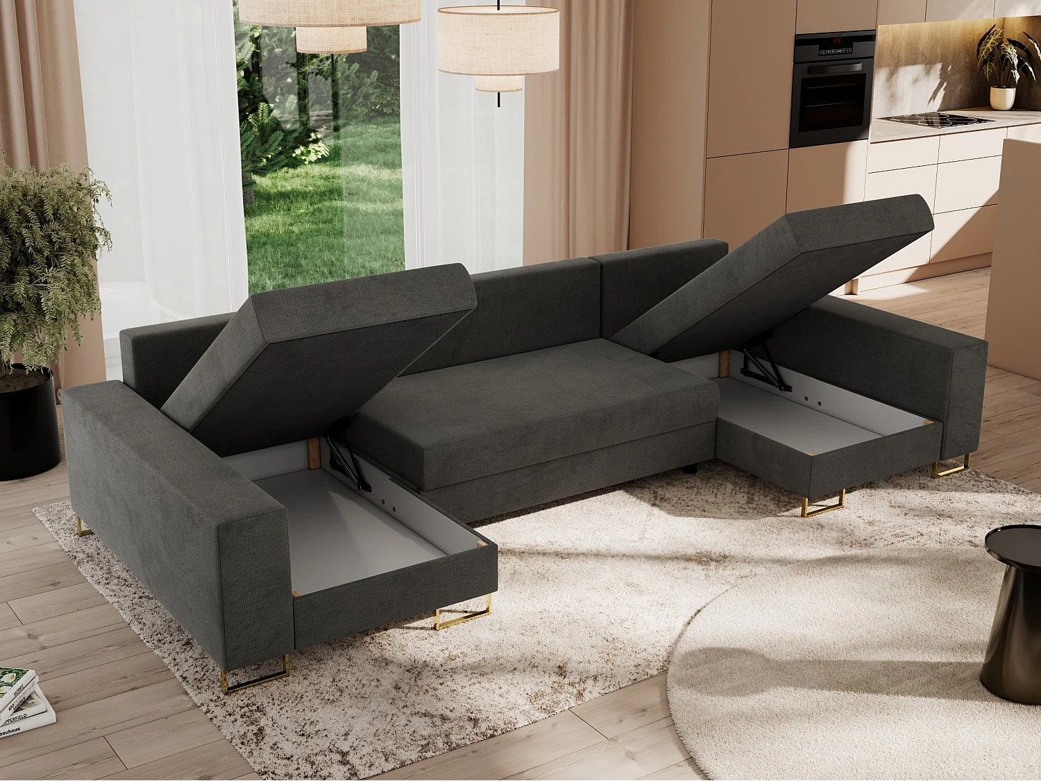 Ecksofa DORIAN U, Wohnlandschaft, Ecksofa mit Armlehnen, schlaffunktion und Bettkästen - Dunkelgrau Velvet