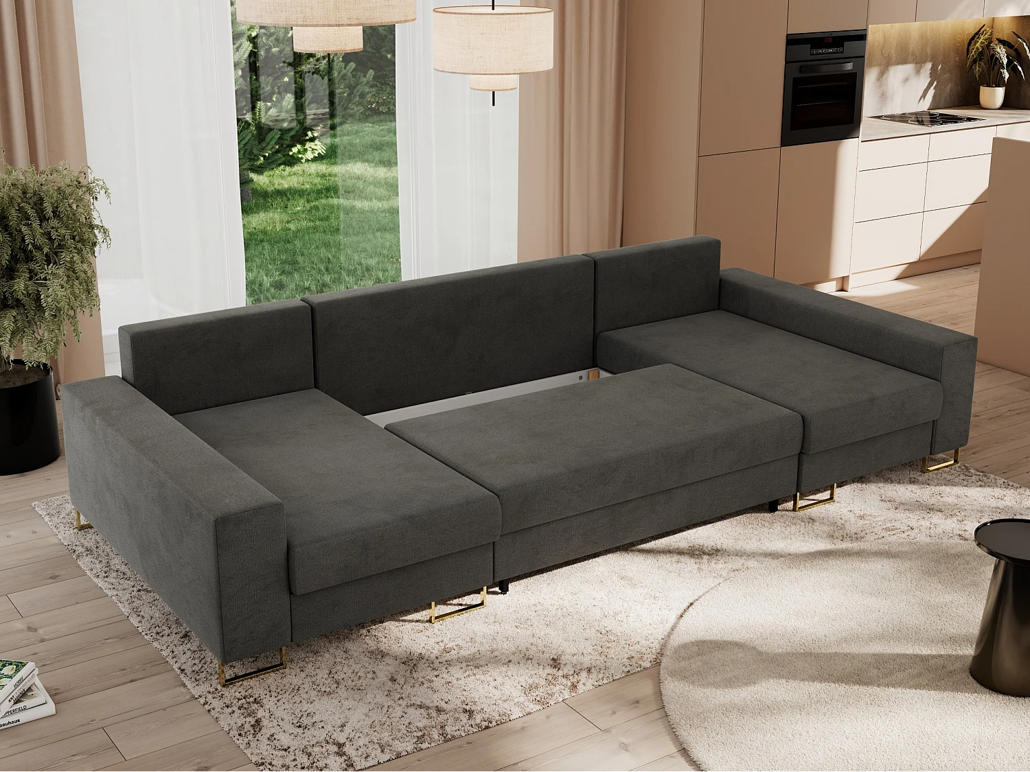 Ecksofa DORIAN U, Wohnlandschaft, Ecksofa mit Armlehnen, schlaffunktion und Bettkästen - Dunkelgrau Velvet