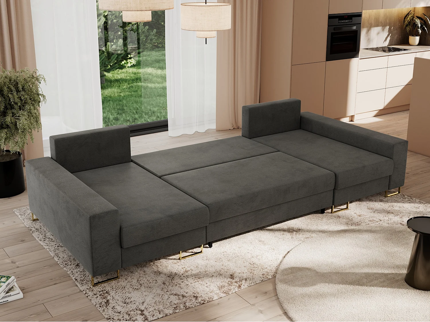 Ecksofa DORIAN U, Wohnlandschaft, Ecksofa mit Armlehnen, schlaffunktion und Bettkästen - Dunkelgrau Velvet