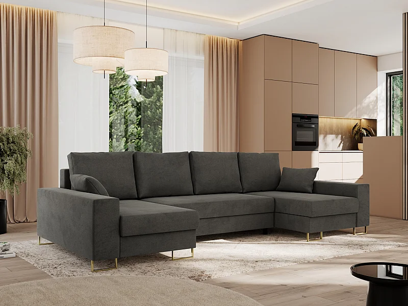 Ecksofa DORIAN U, Wohnlandschaft, Ecksofa mit Armlehnen, schlaffunktion und Bettkästen - Dunkelgrau Velvet