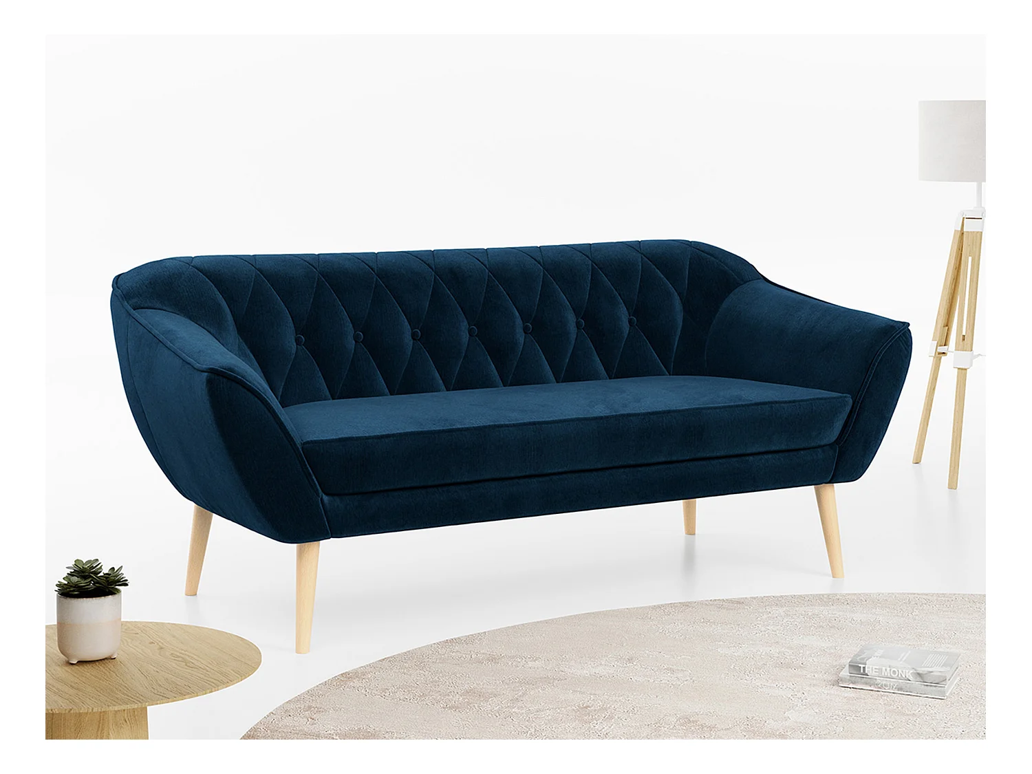 Sofa PIRS - 3-Sitzer Skandinavischer Sofa, mit Armlehnen, Holzbeine - Dunkelblau Velvet