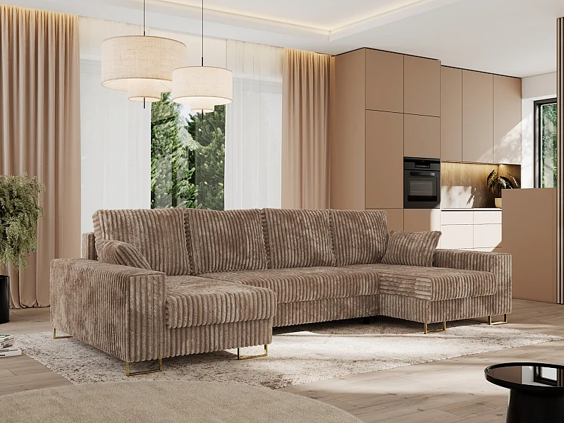 Ecksofa DORIAN U, Wohnlandschaft, Ecksofa mit Armlehnen, schlaffunktion und Bettkästen - Braun Cord