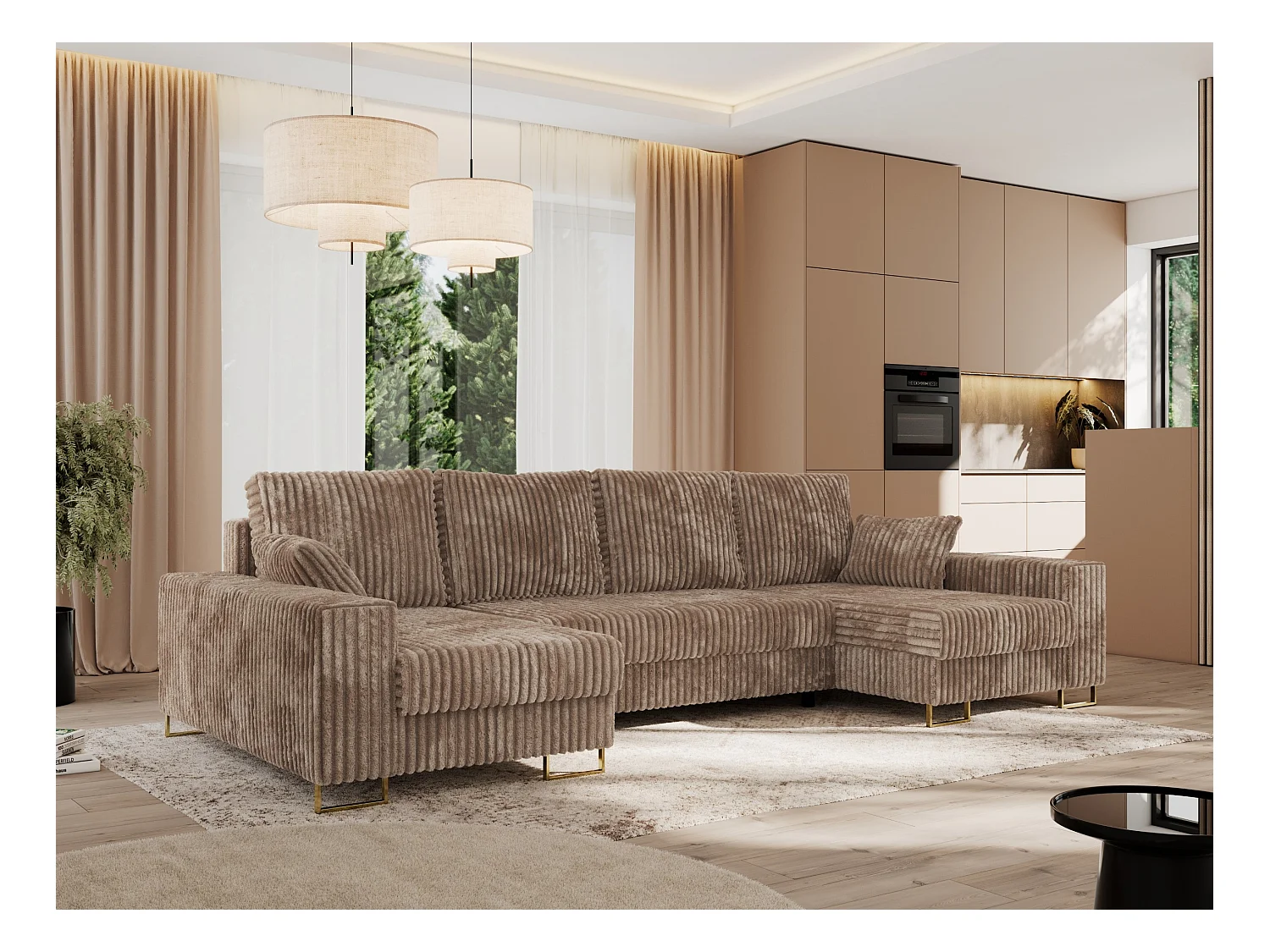 Ecksofa DORIAN U, Wohnlandschaft, Ecksofa mit Armlehnen, schlaffunktion und Bettkästen - Braun Cord