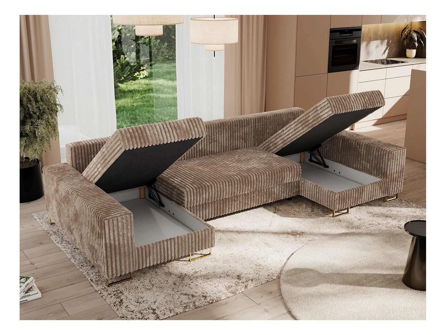 Ecksofa DORIAN U, Wohnlandschaft, Ecksofa mit Armlehnen, schlaffunktion und Bettkästen - Braun Cord