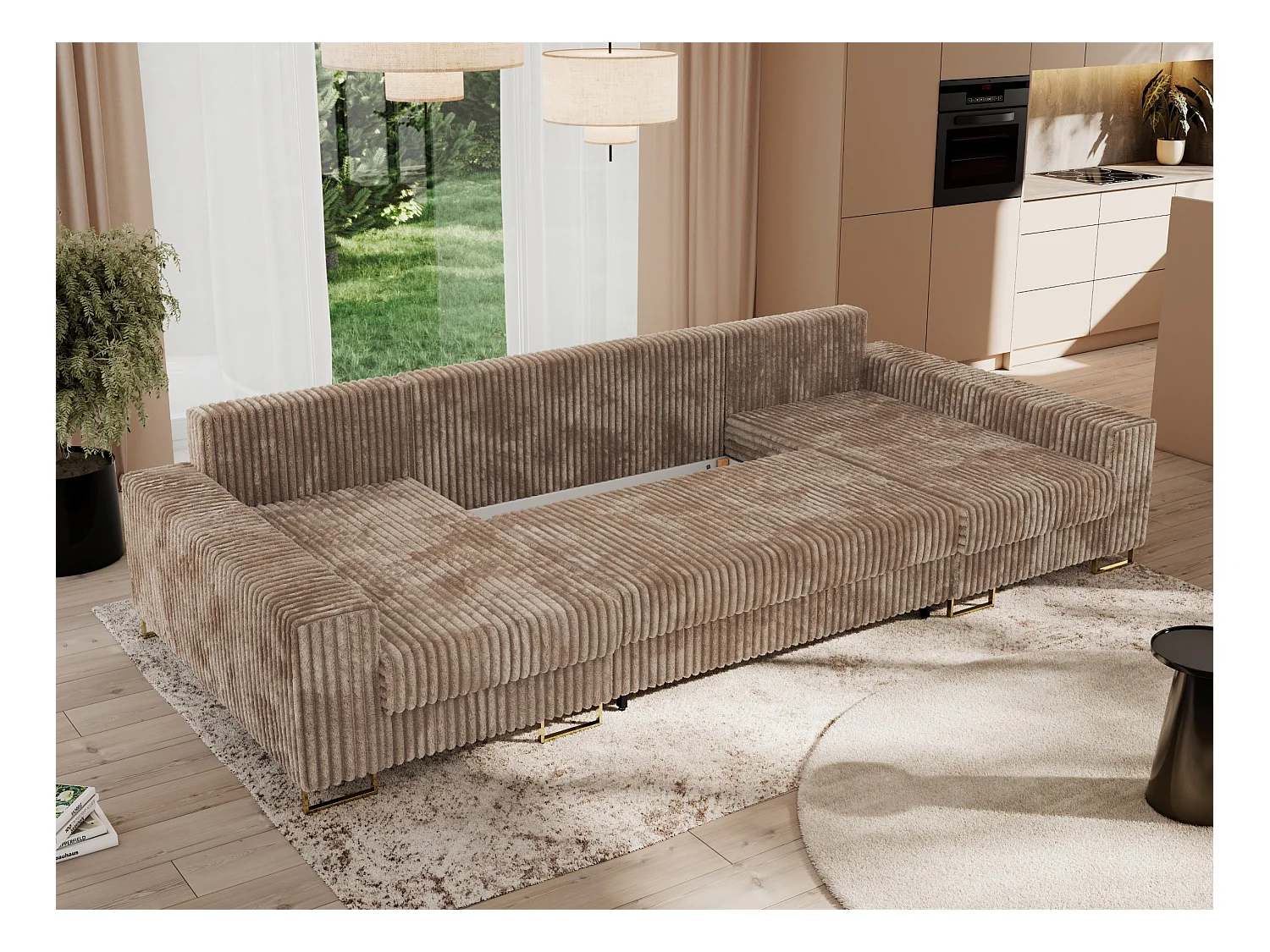 Ecksofa DORIAN U, Wohnlandschaft, Ecksofa mit Armlehnen, schlaffunktion und Bettkästen - Braun Cord