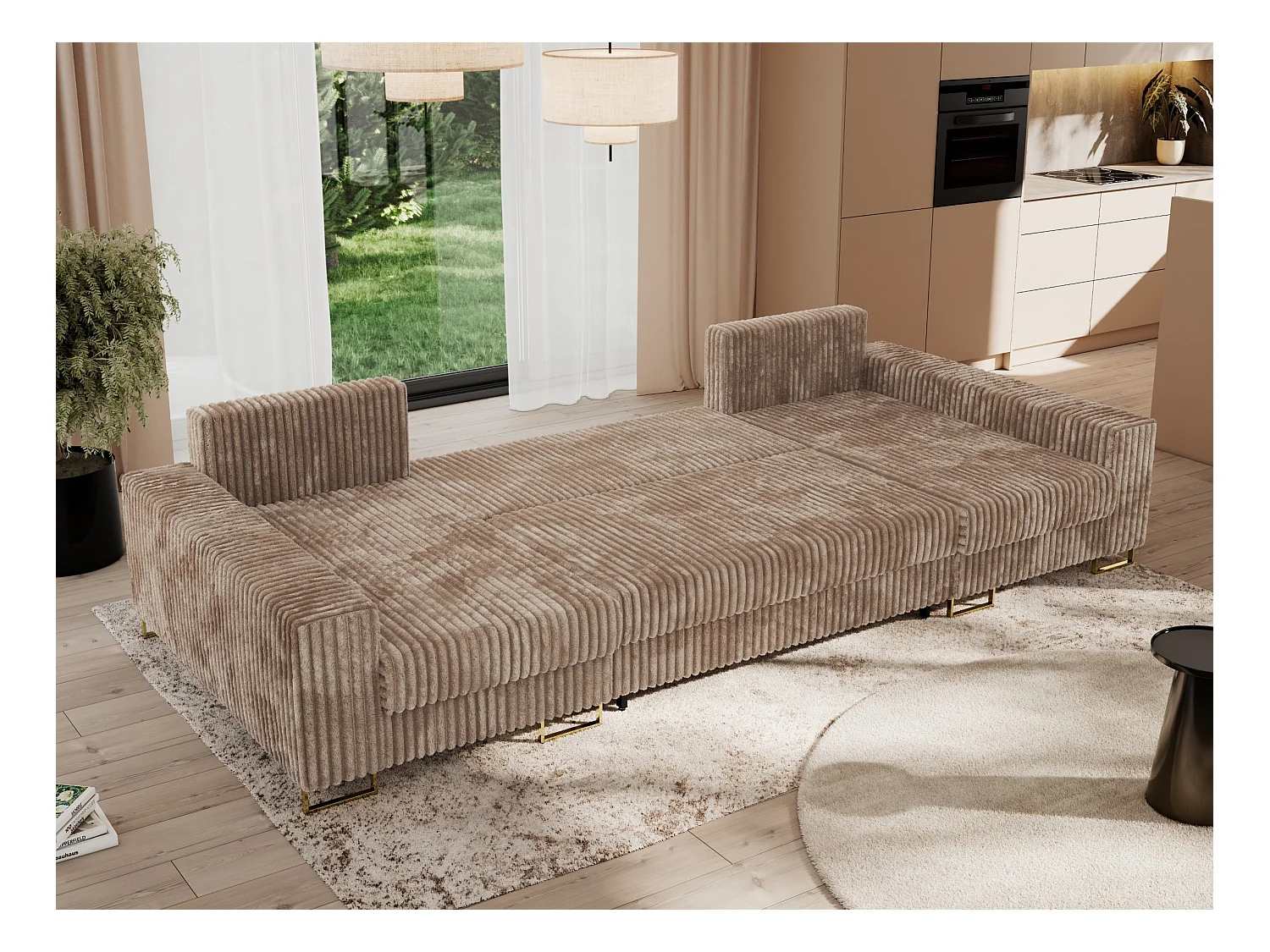 Ecksofa DORIAN U, Wohnlandschaft, Ecksofa mit Armlehnen, schlaffunktion und Bettkästen - Braun Cord