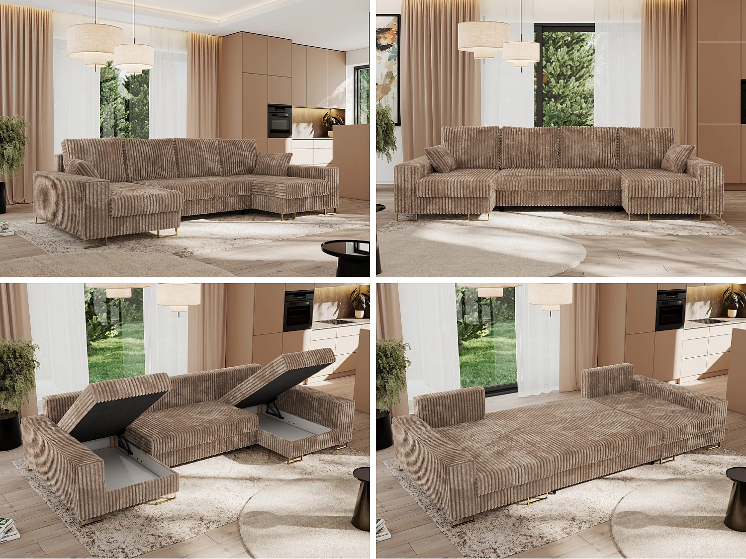 Ecksofa DORIAN U, Wohnlandschaft, Ecksofa mit Armlehnen, schlaffunktion und Bettkästen - Braun Cord