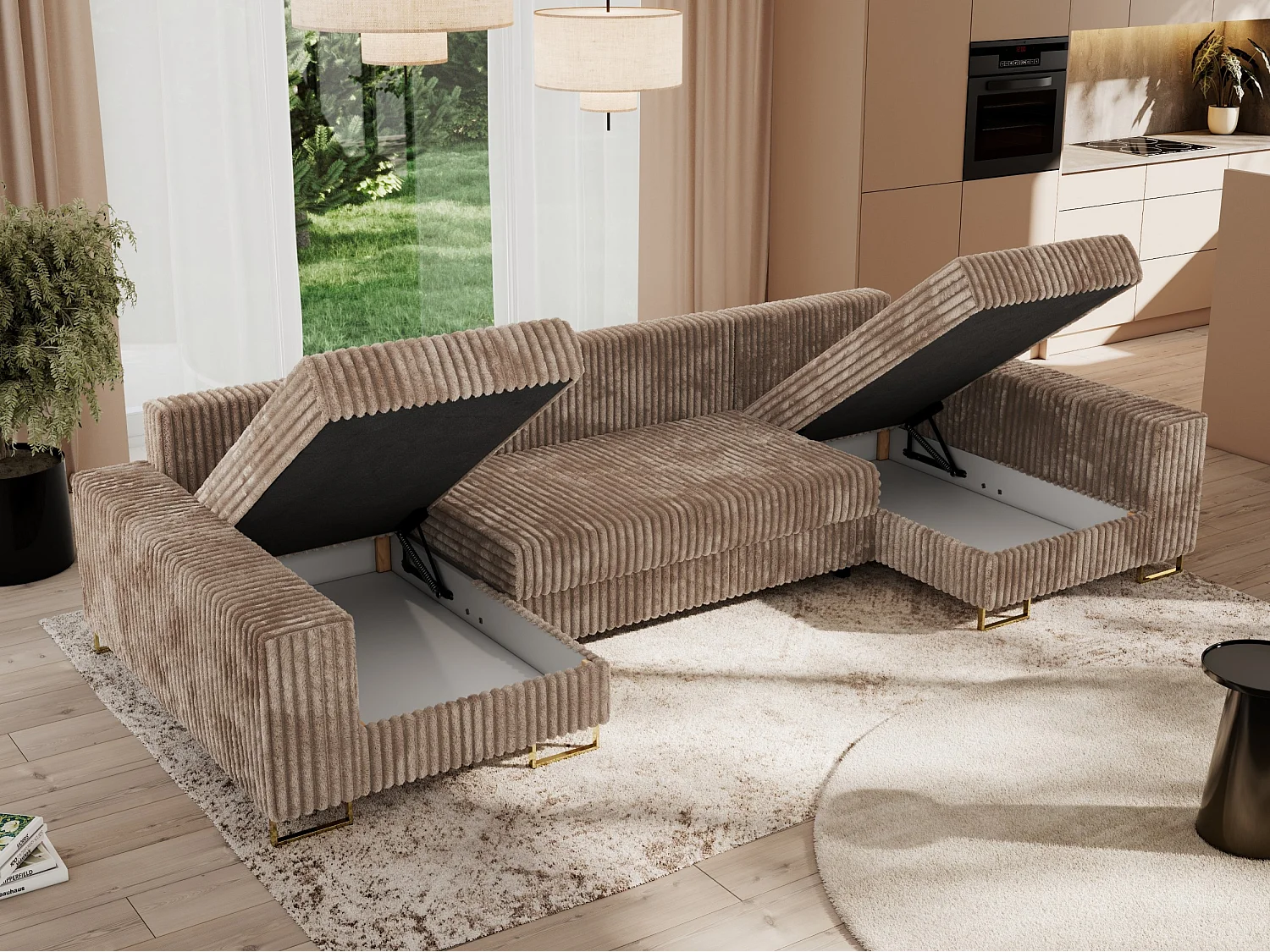 Ecksofa DORIAN U, Wohnlandschaft, Ecksofa mit Armlehnen, schlaffunktion und Bettkästen - Braun Cord