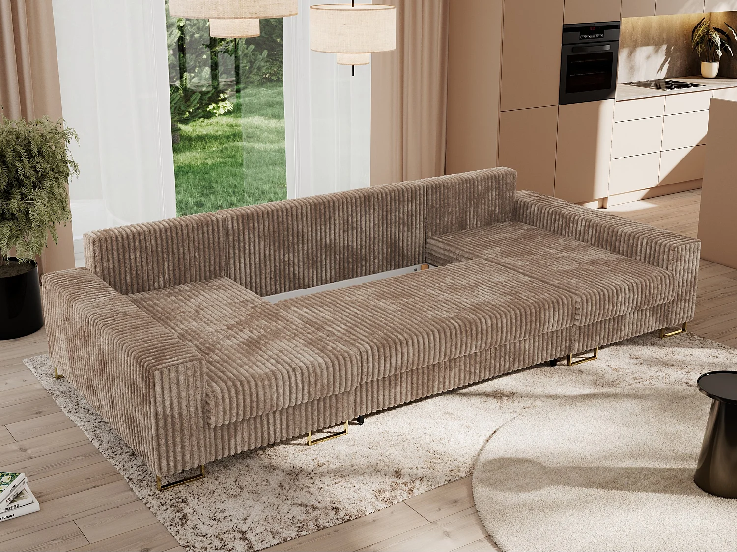Ecksofa DORIAN U, Wohnlandschaft, Ecksofa mit Armlehnen, schlaffunktion und Bettkästen - Braun Cord