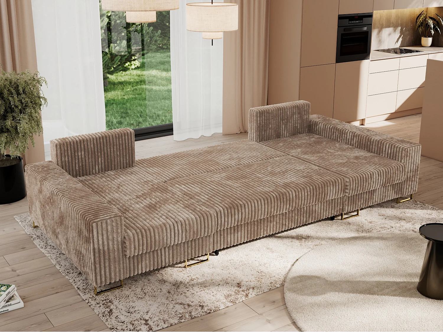 Ecksofa DORIAN U, Wohnlandschaft, Ecksofa mit Armlehnen, schlaffunktion und Bettkästen - Braun Cord