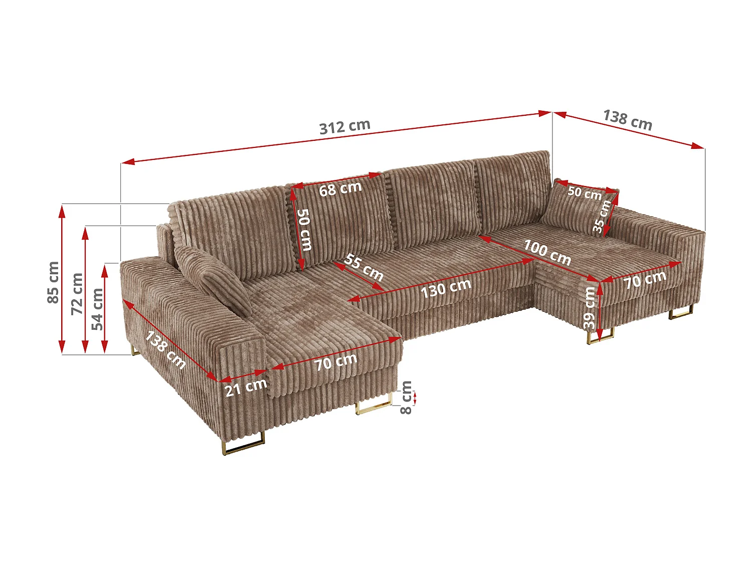 Ecksofa DORIAN U, Wohnlandschaft, Ecksofa mit Armlehnen, schlaffunktion und Bettkästen - Braun Cord
