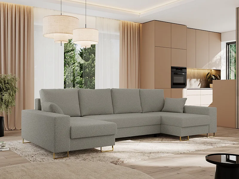 Ecksofa DORIAN U, Wohnlandschaft, Ecksofa mit Armlehnen, schlaffunktion und Bettkästen - Hellgrau Boucle