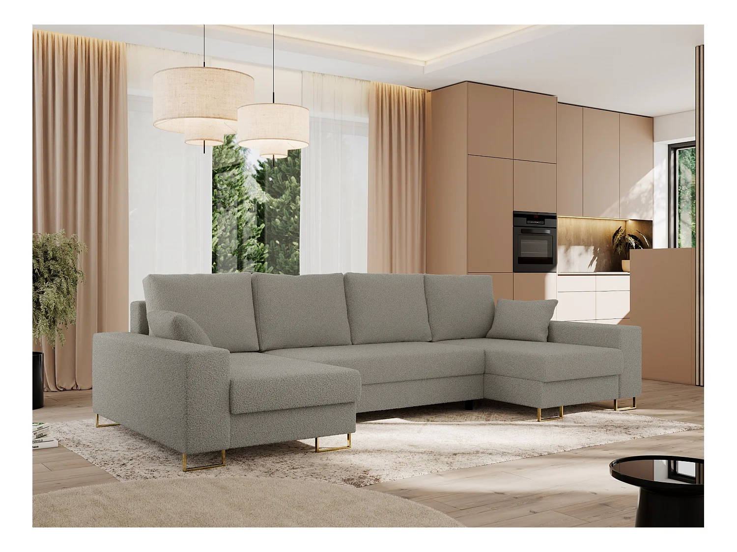 Ecksofa DORIAN U, Wohnlandschaft, Ecksofa mit Armlehnen, schlaffunktion und Bettkästen - Hellgrau Boucle