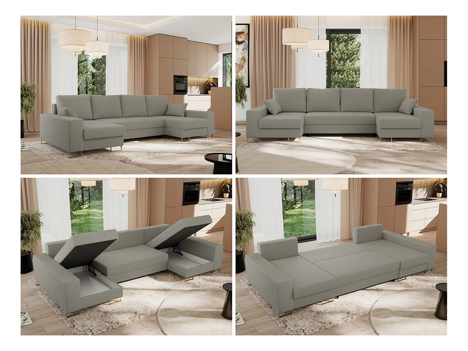 Ecksofa DORIAN U, Wohnlandschaft, Ecksofa mit Armlehnen, schlaffunktion und Bettkästen - Hellgrau Boucle