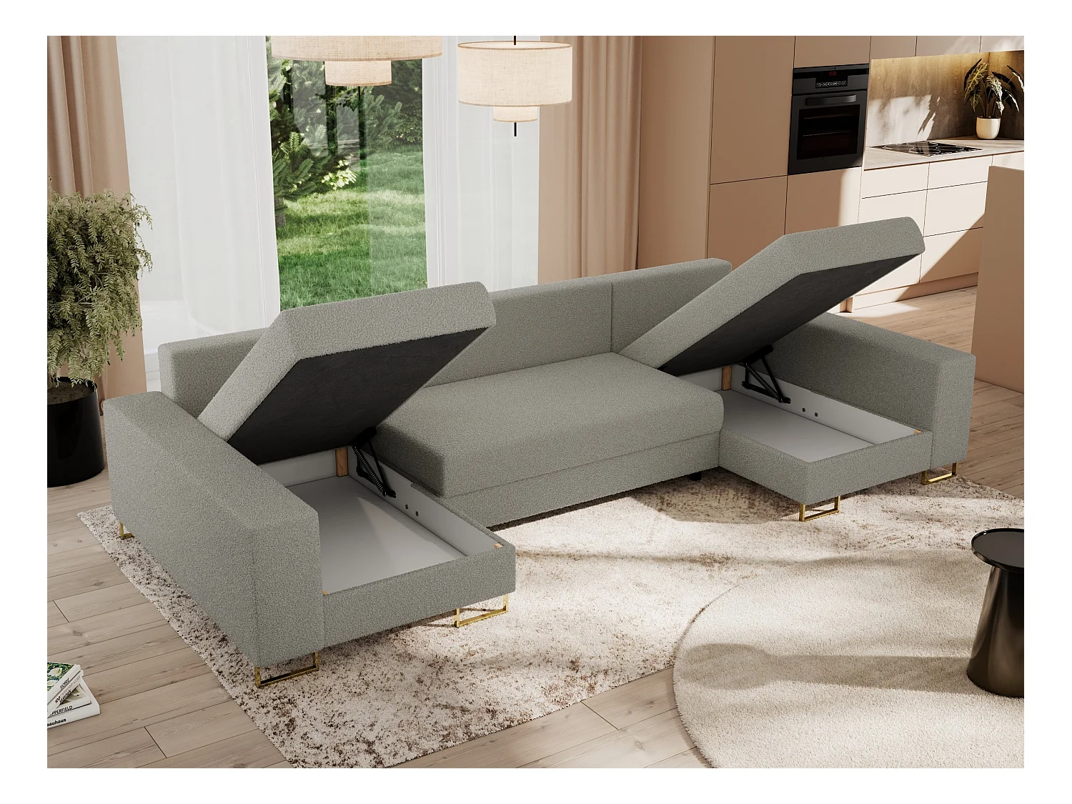 Ecksofa DORIAN U, Wohnlandschaft, Ecksofa mit Armlehnen, schlaffunktion und Bettkästen - Hellgrau Boucle