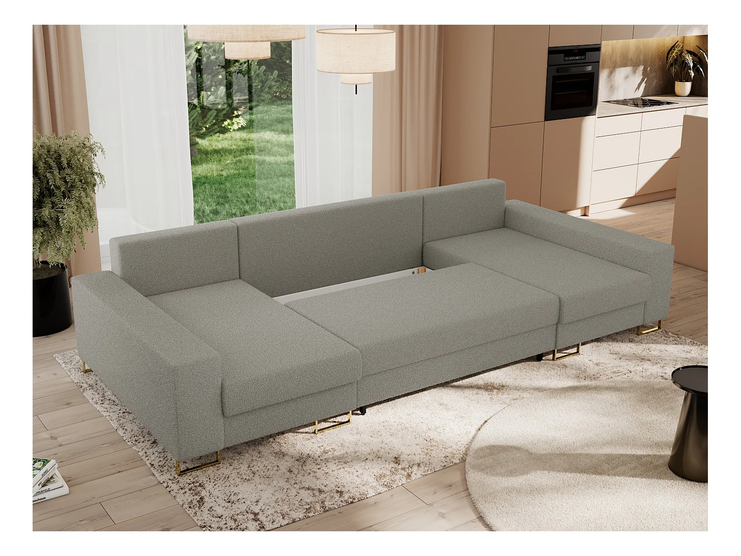 Ecksofa DORIAN U, Wohnlandschaft, Ecksofa mit Armlehnen, schlaffunktion und Bettkästen - Hellgrau Boucle