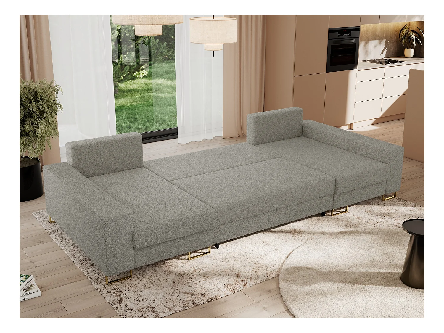 Ecksofa DORIAN U, Wohnlandschaft, Ecksofa mit Armlehnen, schlaffunktion und Bettkästen - Hellgrau Boucle