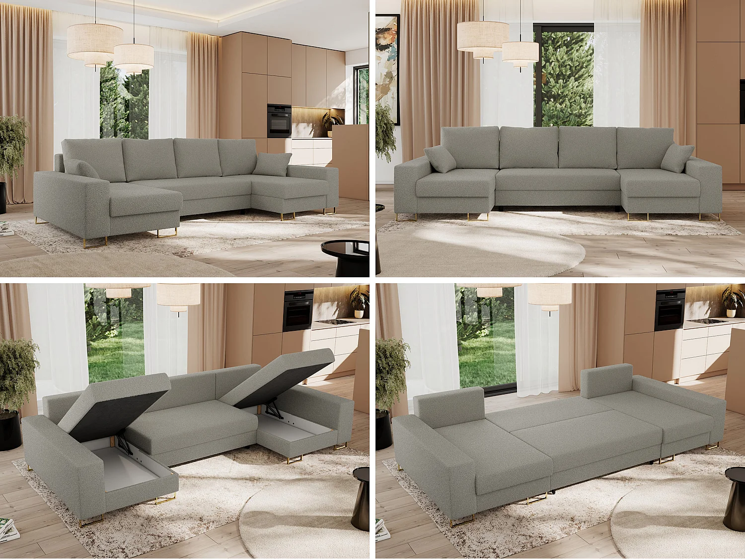 Ecksofa DORIAN U, Wohnlandschaft, Ecksofa mit Armlehnen, schlaffunktion und Bettkästen - Hellgrau Boucle