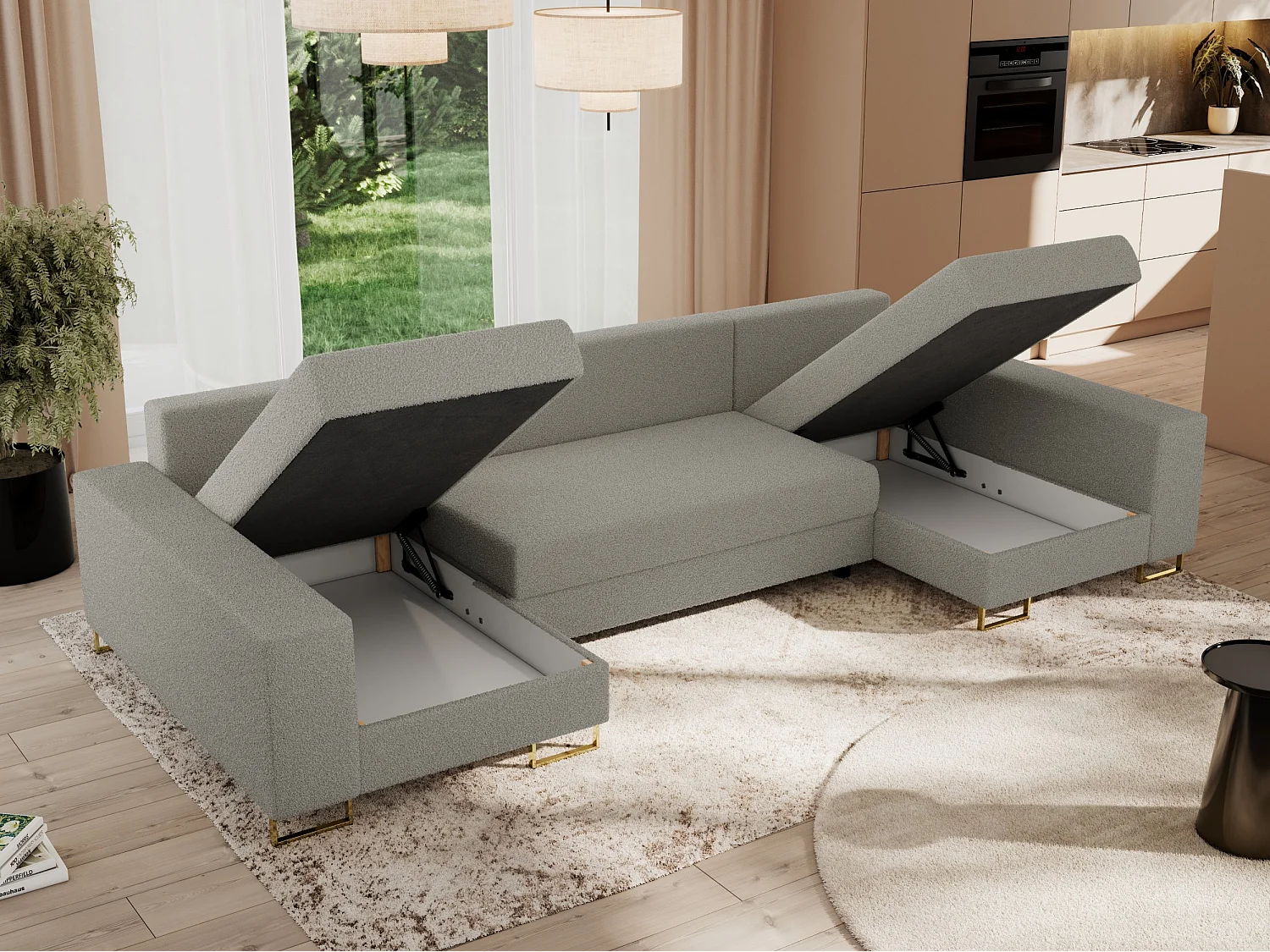 Ecksofa DORIAN U, Wohnlandschaft, Ecksofa mit Armlehnen, schlaffunktion und Bettkästen - Hellgrau Boucle