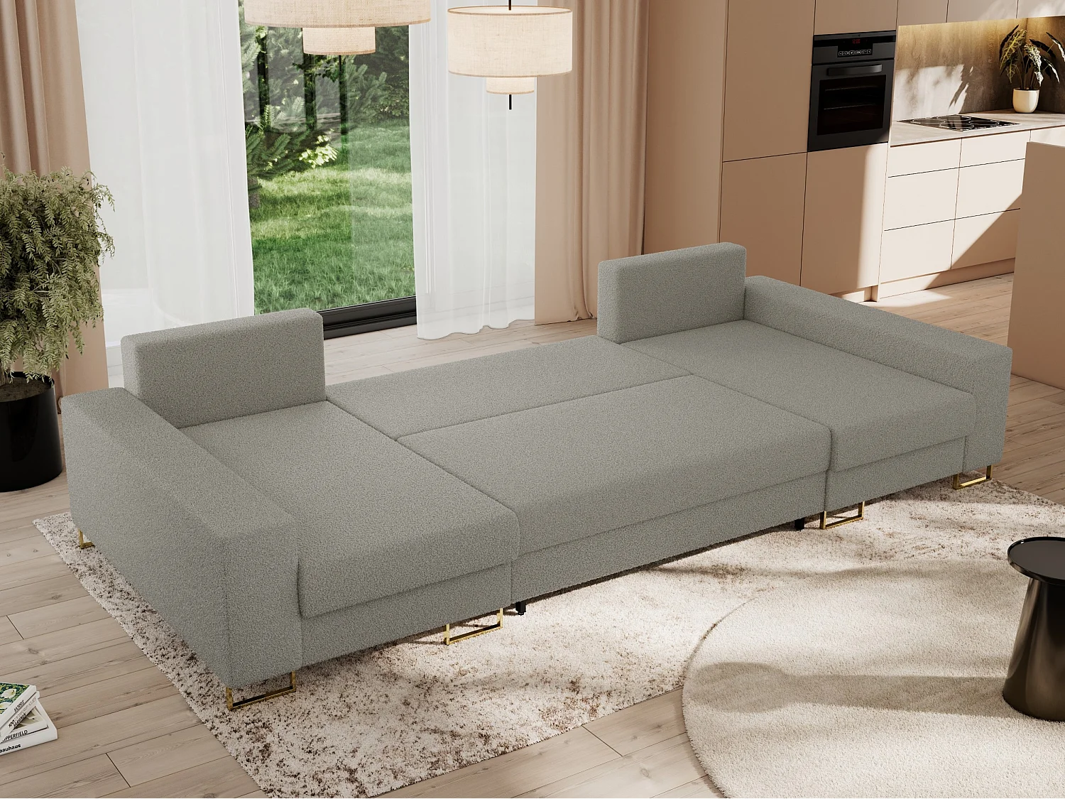 Ecksofa DORIAN U, Wohnlandschaft, Ecksofa mit Armlehnen, schlaffunktion und Bettkästen - Hellgrau Boucle