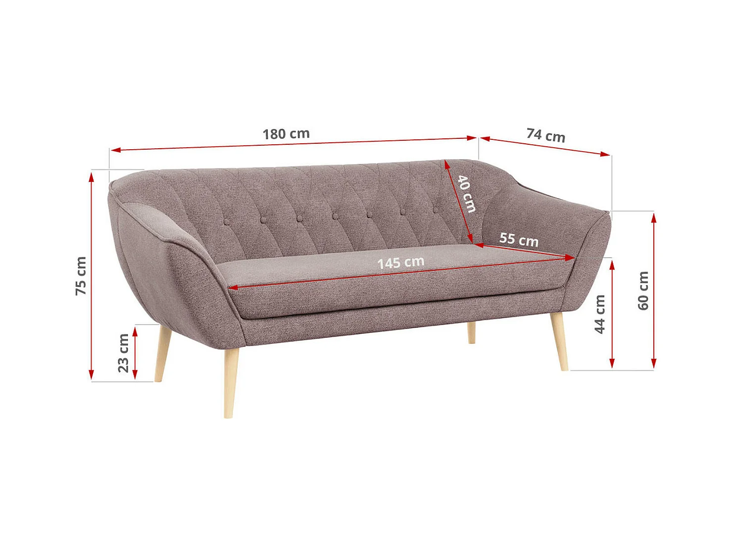 Sofa PIRS - 3-Sitzer Skandinavischer Sofa, mit Armlehnen, Holzbeine - Rosa Stukture