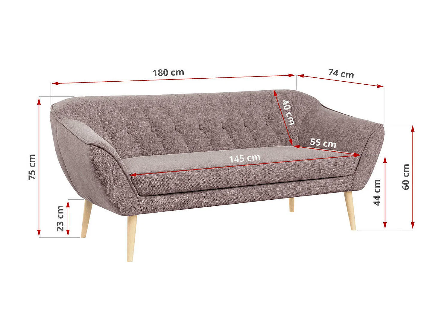 Sofa PIRS - 3-Sitzer Skandinavischer Sofa, mit Armlehnen, Holzbeine - Rosa Stukture