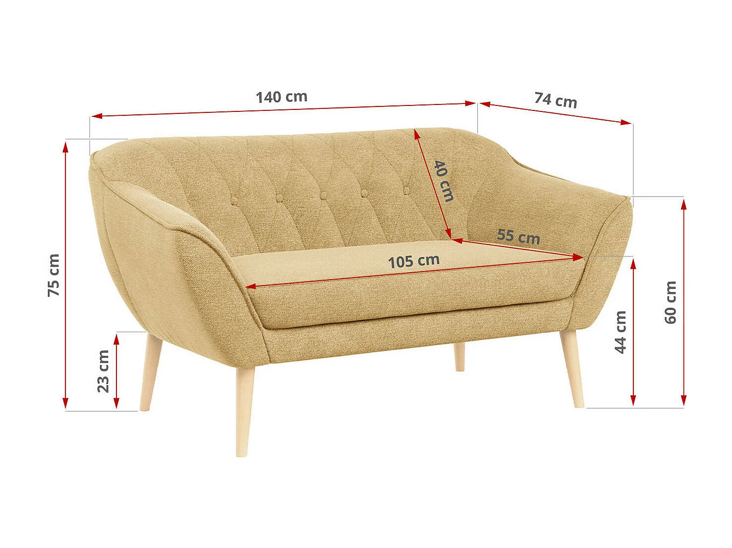 Sofa PIRS - 2-Sitzer, mit Armlehnen, Skandinavisches Design - Gelb Stukture