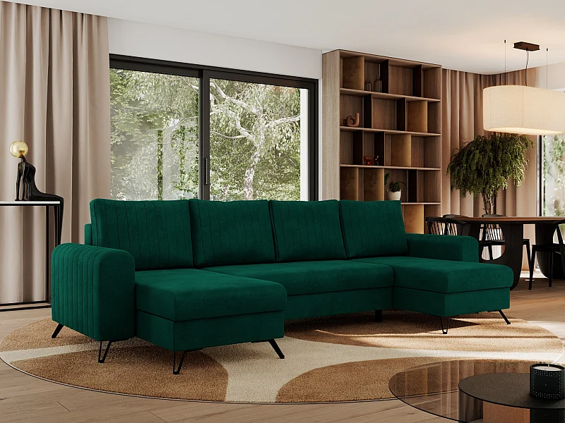 Ecksofa AXEL U, lose kissen, Ecksofa l-förmig, schlaffunktion und Bettkästen - Dunkelgrün Velvet