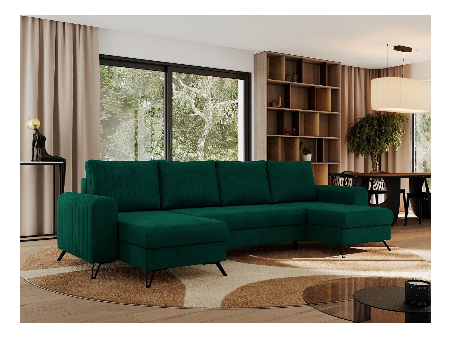Ecksofa AXEL U, lose kissen, Ecksofa l-förmig, schlaffunktion und Bettkästen - Dunkelgrün Velvet