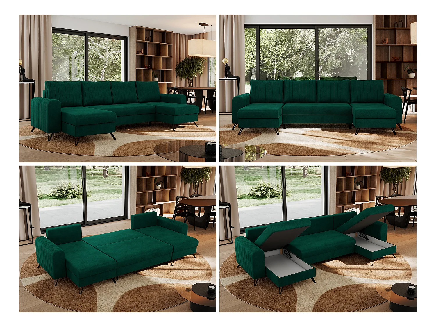 Ecksofa AXEL U, lose kissen, Ecksofa l-förmig, schlaffunktion und Bettkästen - Dunkelgrün Velvet