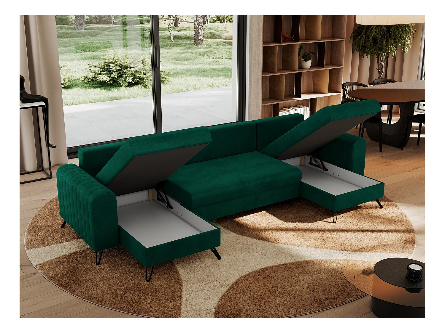 Ecksofa AXEL U, lose kissen, Ecksofa l-förmig, schlaffunktion und Bettkästen - Dunkelgrün Velvet