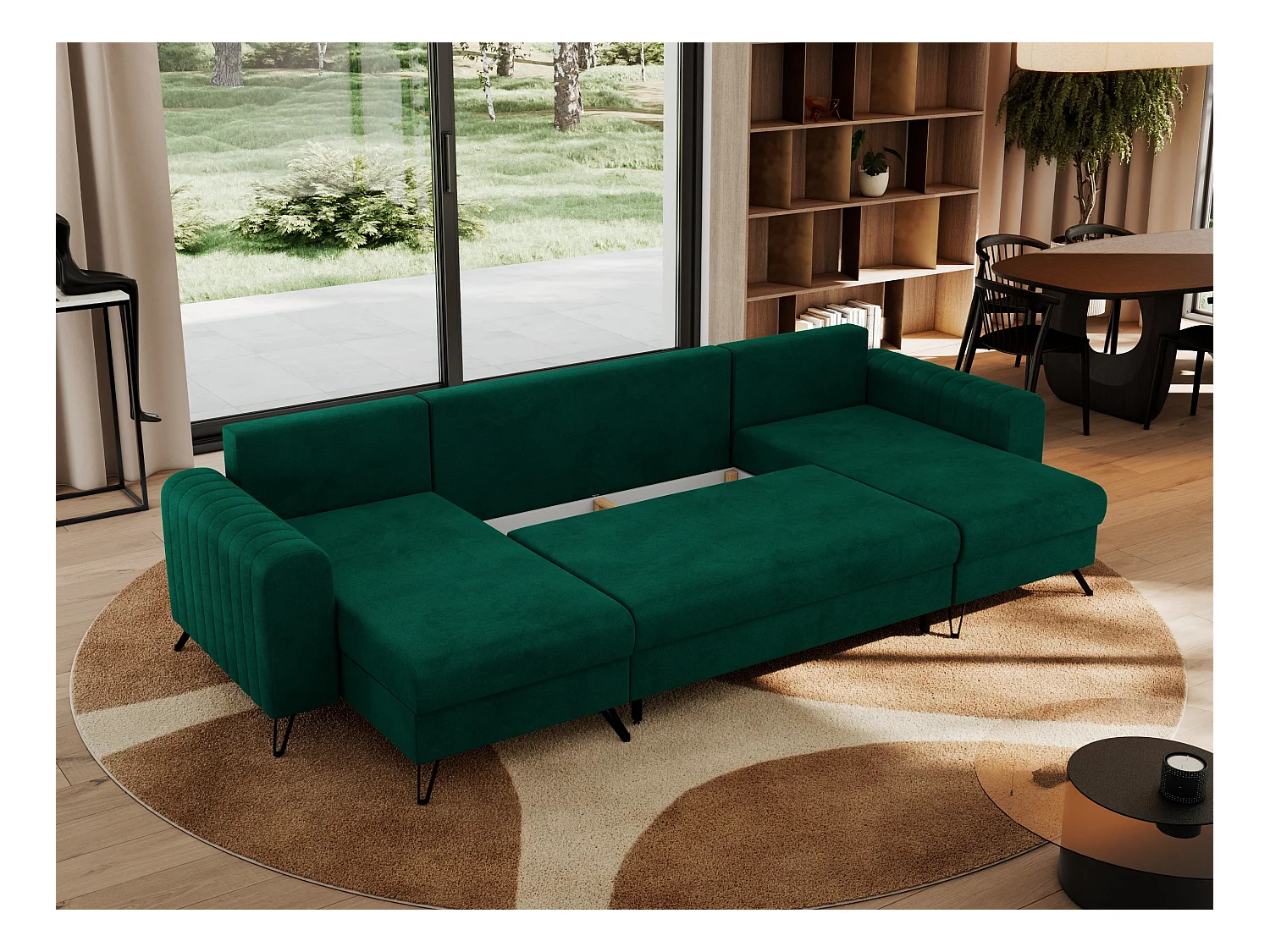 Ecksofa AXEL U, lose kissen, Ecksofa l-förmig, schlaffunktion und Bettkästen - Dunkelgrün Velvet