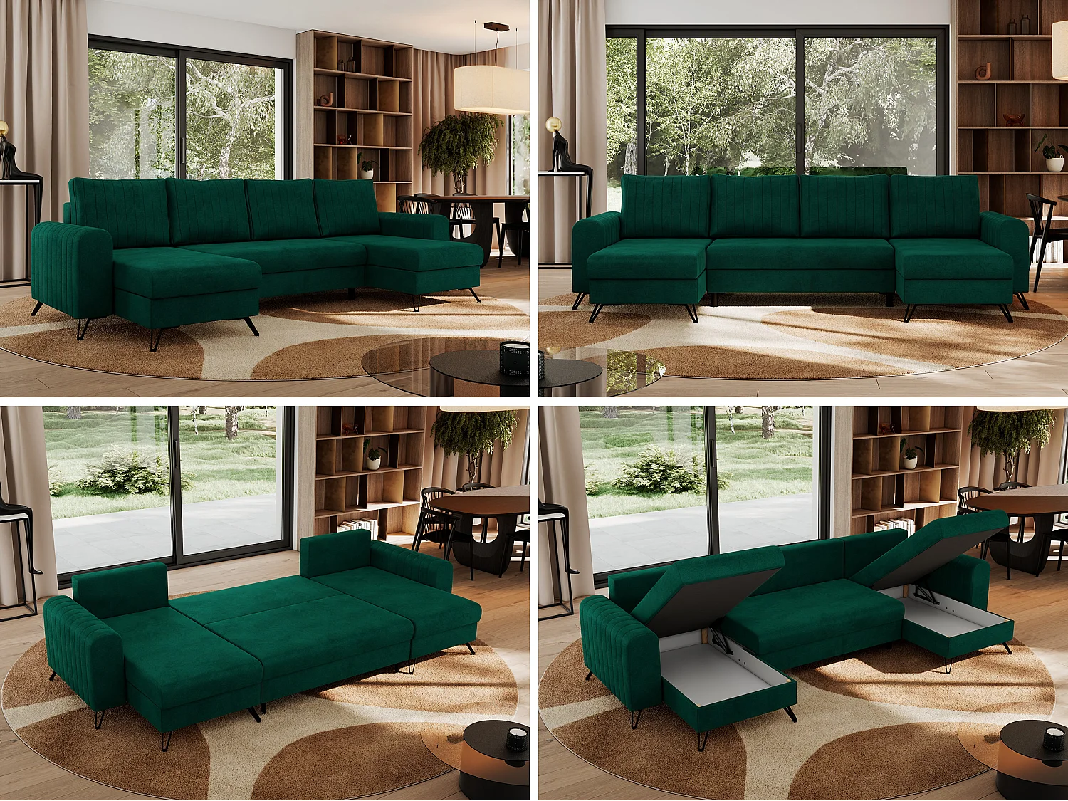 Ecksofa AXEL U, lose kissen, Ecksofa l-förmig, schlaffunktion und Bettkästen - Dunkelgrün Velvet