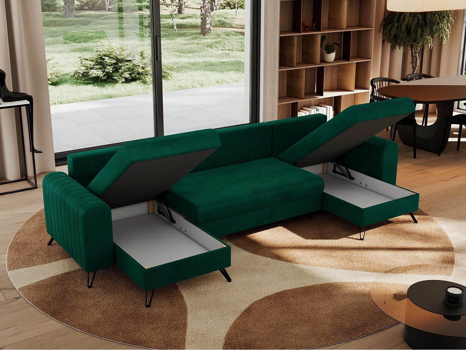 Ecksofa AXEL U, lose kissen, Ecksofa l-förmig, schlaffunktion und Bettkästen - Dunkelgrün Velvet
