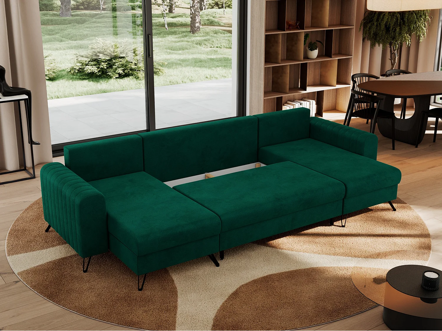 Ecksofa AXEL U, lose kissen, Ecksofa l-förmig, schlaffunktion und Bettkästen - Dunkelgrün Velvet