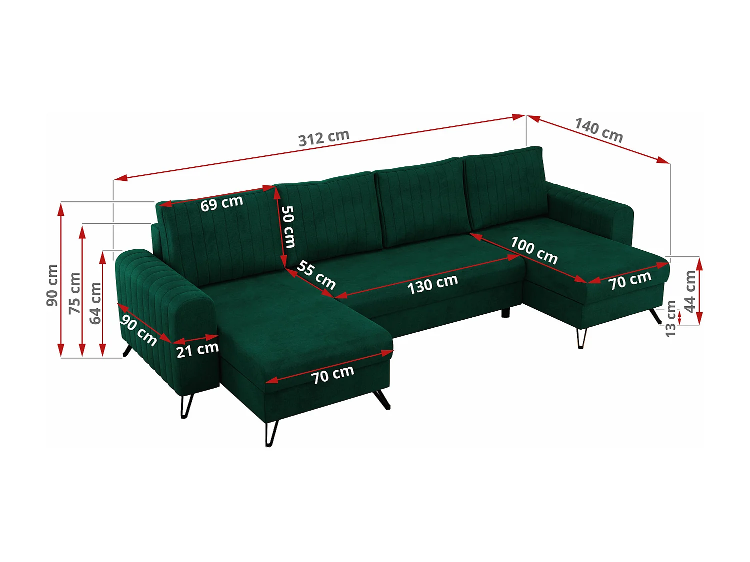 Ecksofa AXEL U, lose kissen, Ecksofa l-förmig, schlaffunktion und Bettkästen - Dunkelgrün Velvet