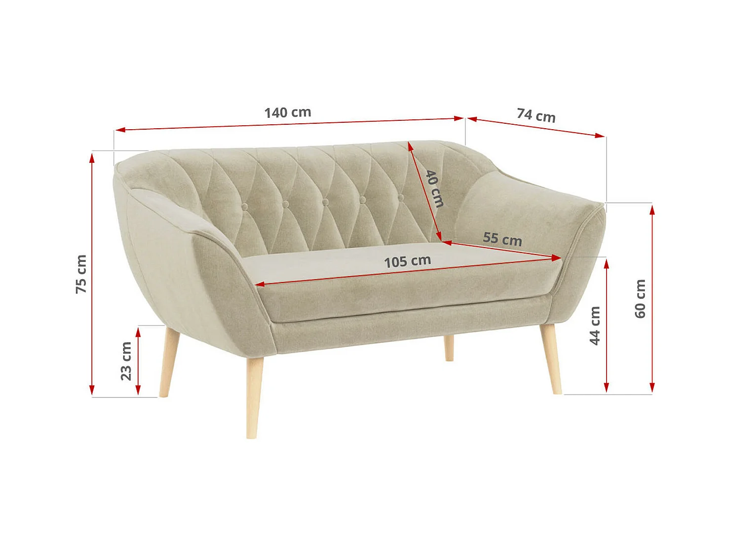 Sofa PIRS - 2-Sitzer, mit Armlehnen, Skandinavisches Design - Beige Velvet