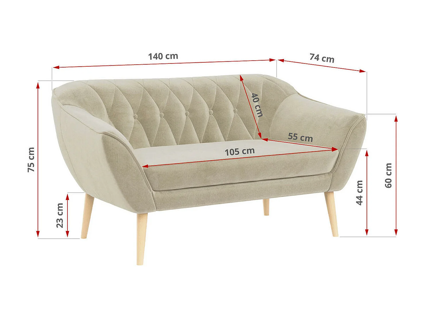 Sofa PIRS - 2-Sitzer, mit Armlehnen, Skandinavisches Design - Beige Velvet