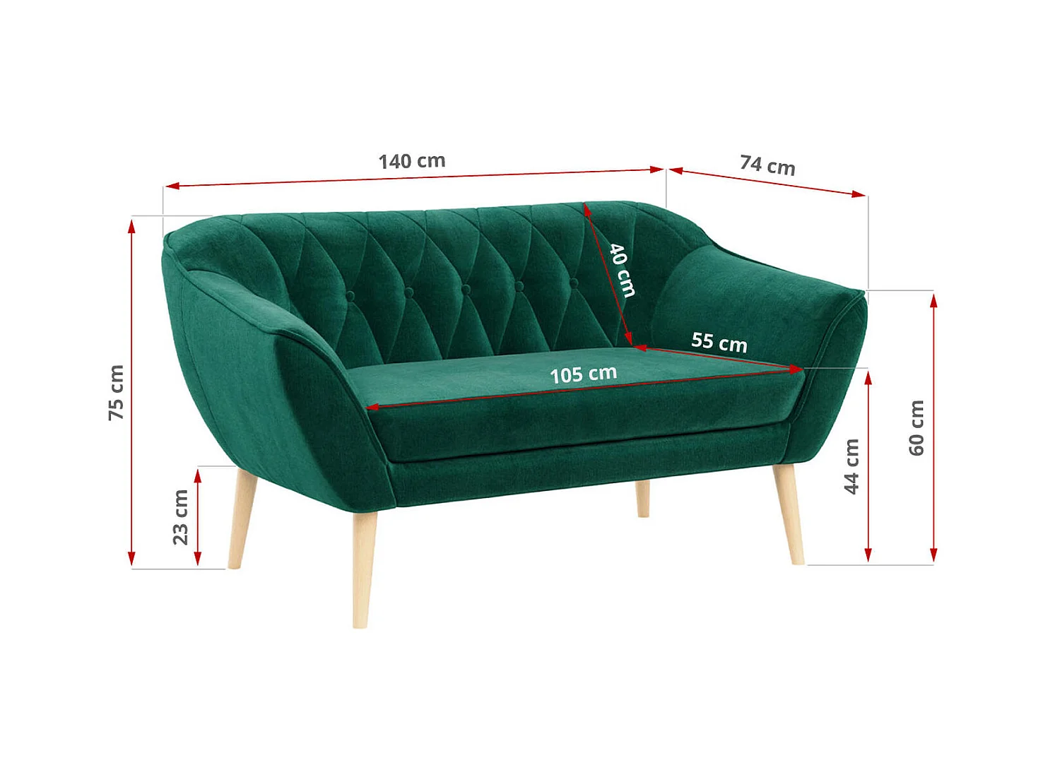 Sofa PIRS - 2-Sitzer, mit Armlehnen, Skandinavisches Design - Dunkelgrün Velvet