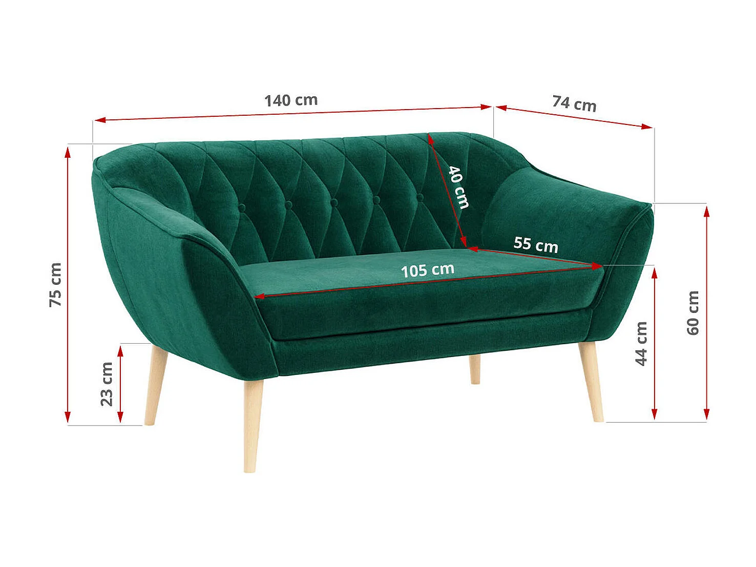 Sofa PIRS - 2-Sitzer, mit Armlehnen, Skandinavisches Design - Dunkelgrün Velvet