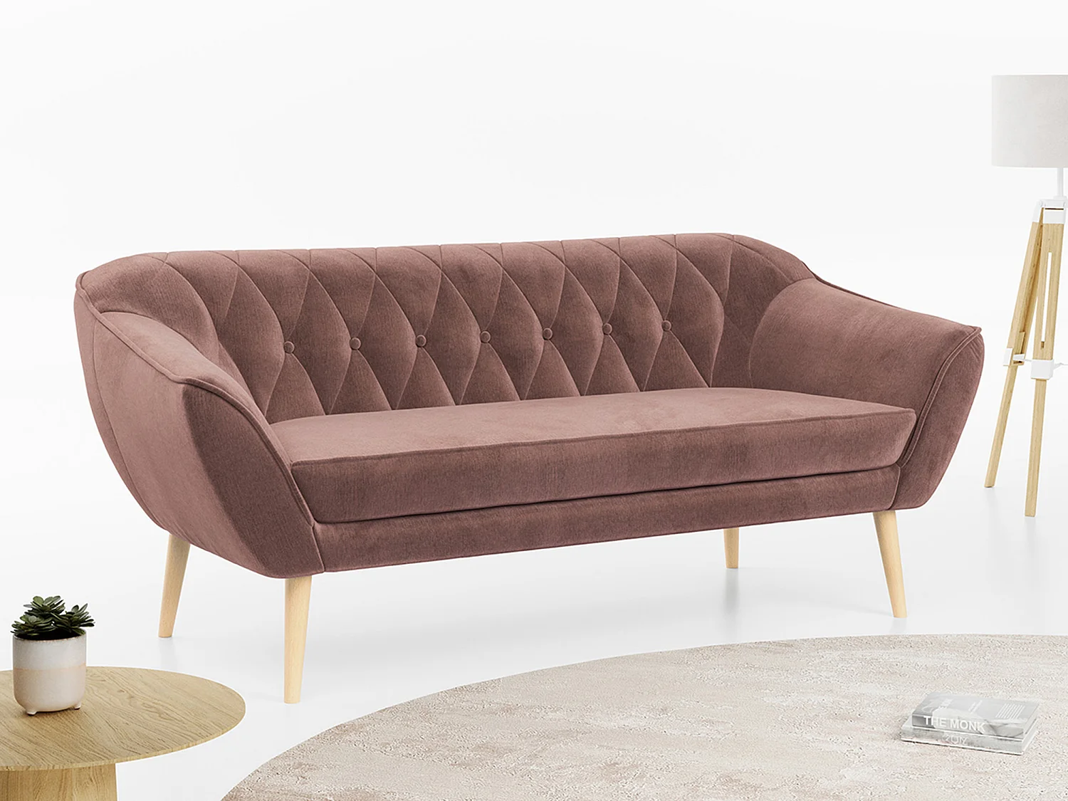 Sofa PIRS - 3-Sitzer Skandinavischer Sofa, mit Armlehnen, Holzbeine - Rosa Velvet