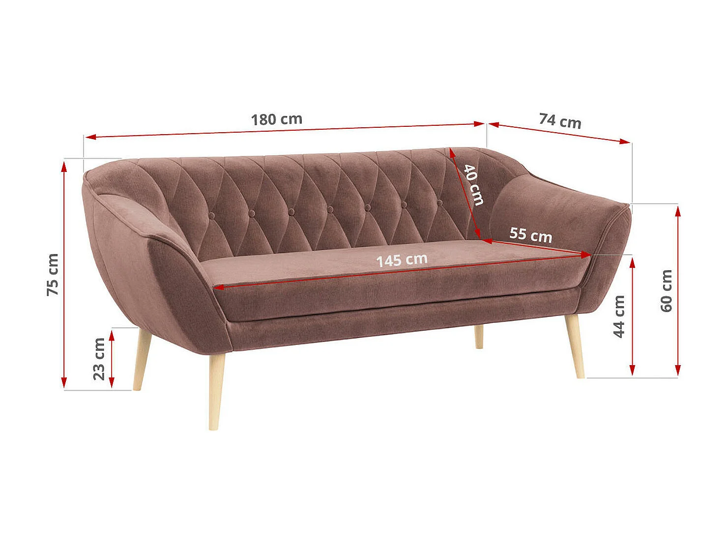 Sofa PIRS - 3-Sitzer Skandinavischer Sofa, mit Armlehnen, Holzbeine - Rosa Velvet