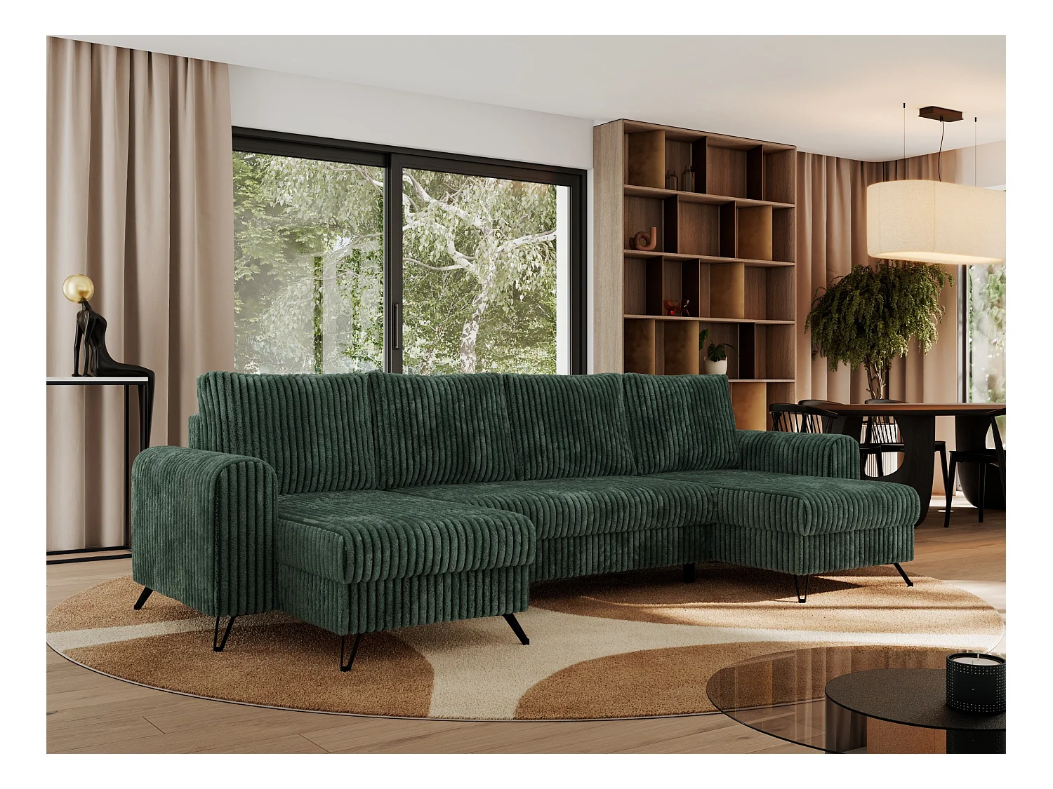 Ecksofa AXEL U, lose kissen, Ecksofa l-förmig, schlaffunktion und Bettkästen - Grün Cord